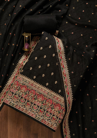 Black Zariwork Raw Silk Unstitched Salwar Suit - Koskii