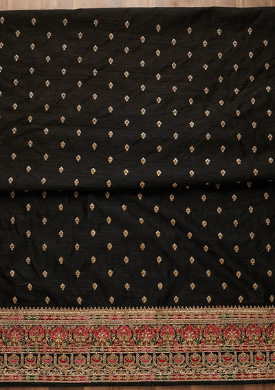 Black Zariwork Raw Silk Unstitched Salwar Suit-Koskii