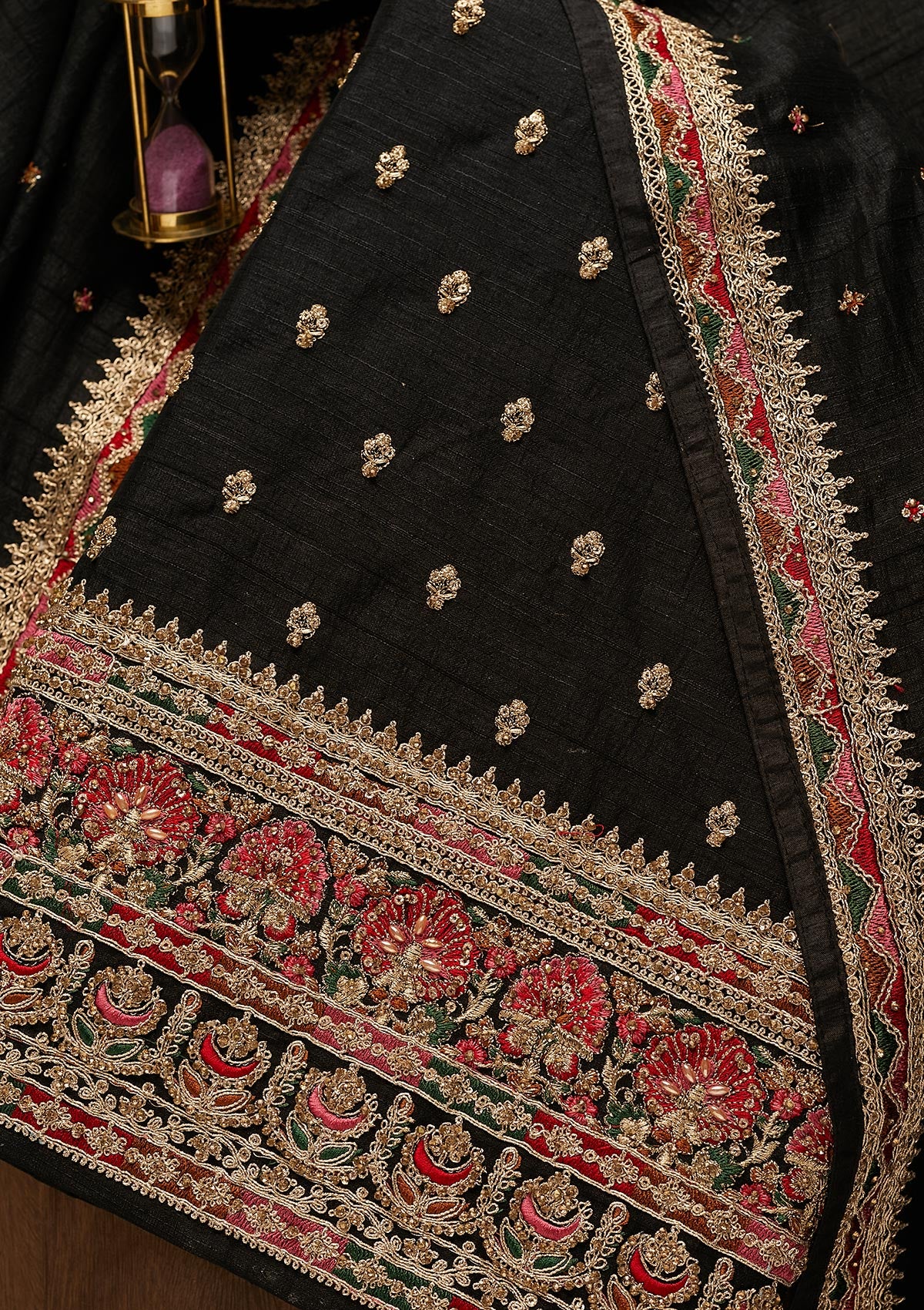 Black Zariwork Raw Silk Unstitched Salwar Suit-Koskii
