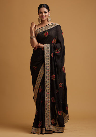 Black Zariwork Raw Silk Designer Saree - koskii