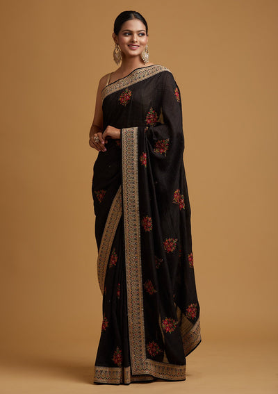 Black Zariwork Raw Silk Designer Saree - koskii