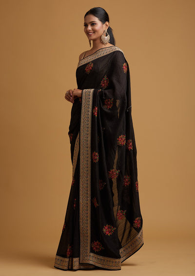 Black Zariwork Raw Silk Designer Saree - koskii