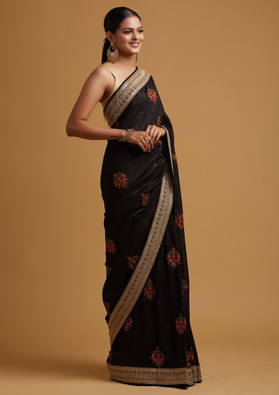 Black Zariwork Raw Silk Designer Saree - koskii