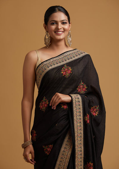 Black Zariwork Raw Silk Designer Saree - koskii
