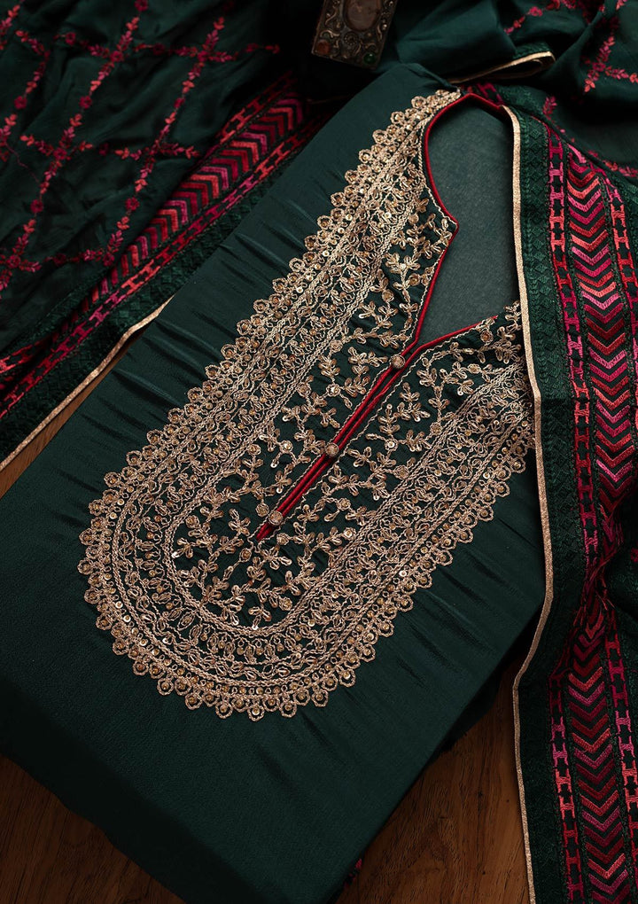 Bottle Green Cutdana Semi Crepe Designer Semi-Stitched Salwar Suit - koskii