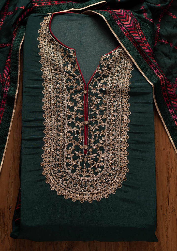 Bottle Green Cutdana Semi Crepe Designer Semi-Stitched Salwar Suit - koskii