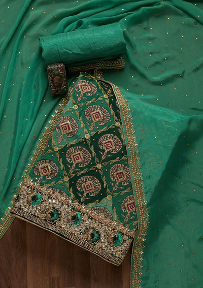 Bottle Green Cutdana Semi Crepe Unstitched Salwar Suit- Koskii