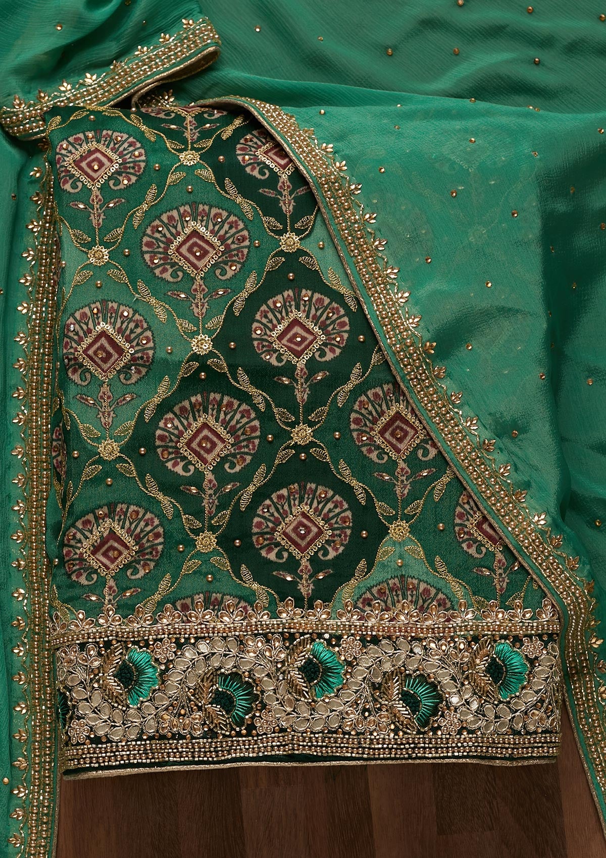 Bottle Green Cutdana Semi Crepe Unstitched Salwar Suit - Koskii
