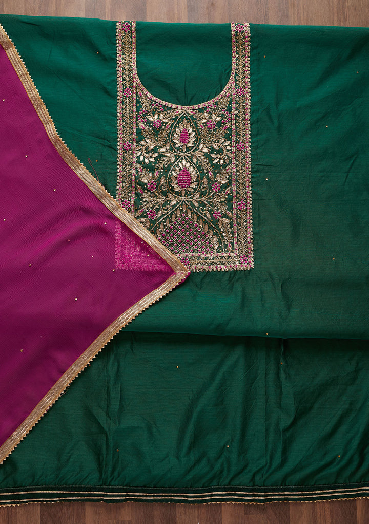Bottle Green Gotapatti Art Silk Designer Unstitched Salwar Suit - Koskii