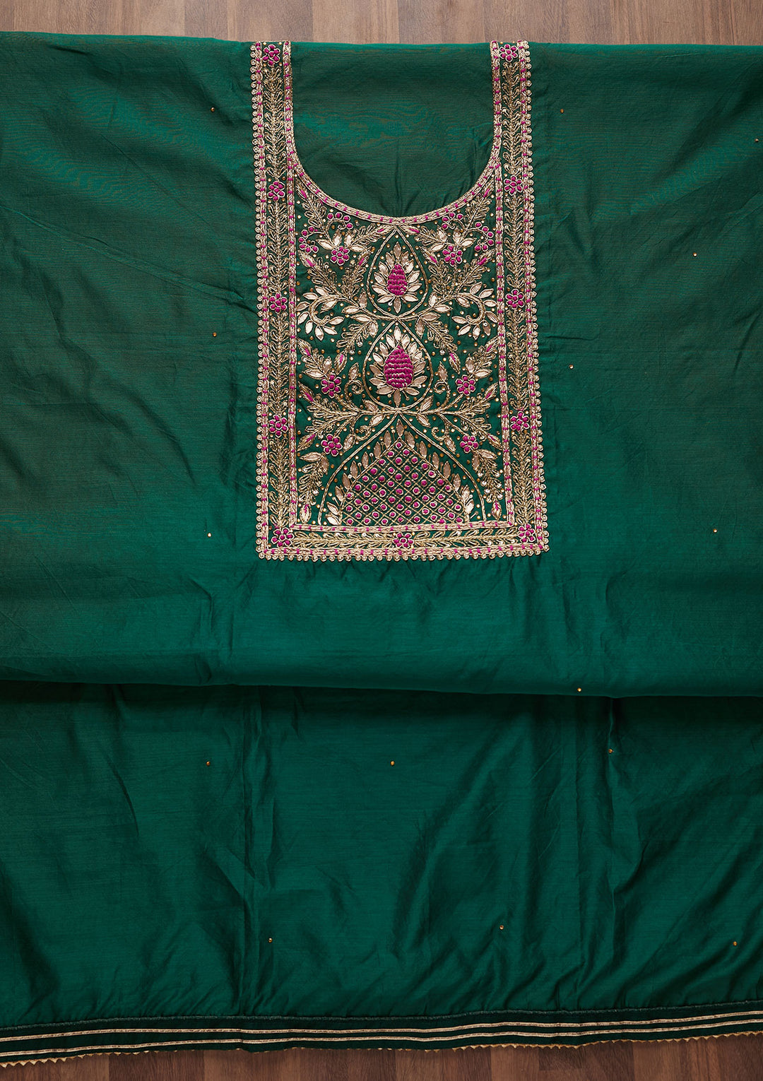 Bottle Green Gotapatti Art Silk Designer Unstitched Salwar Suit - Koskii