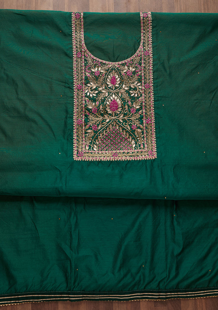 Bottle Green Gotapatti Art Silk Designer Unstitched Salwar Suit - Koskii