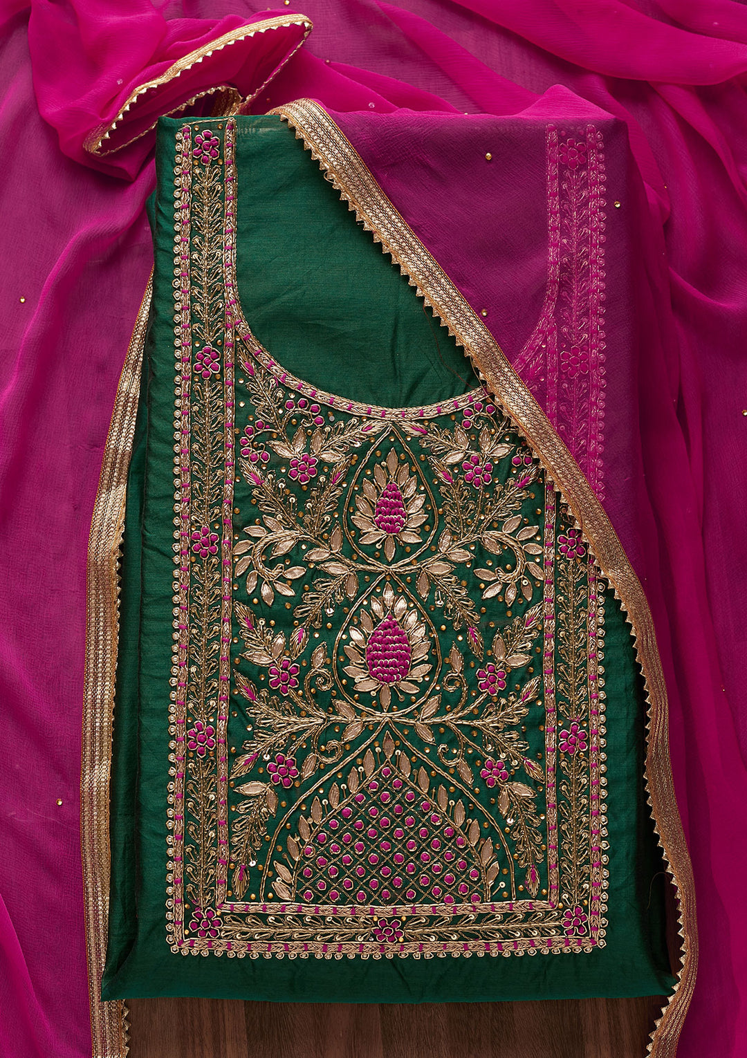 Bottle Green Gotapatti Art Silk Designer Unstitched Salwar Suit - Koskii
