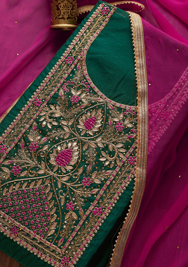 Bottle Green Gotapatti Art Silk Designer Unstitched Salwar Suit - Koskii