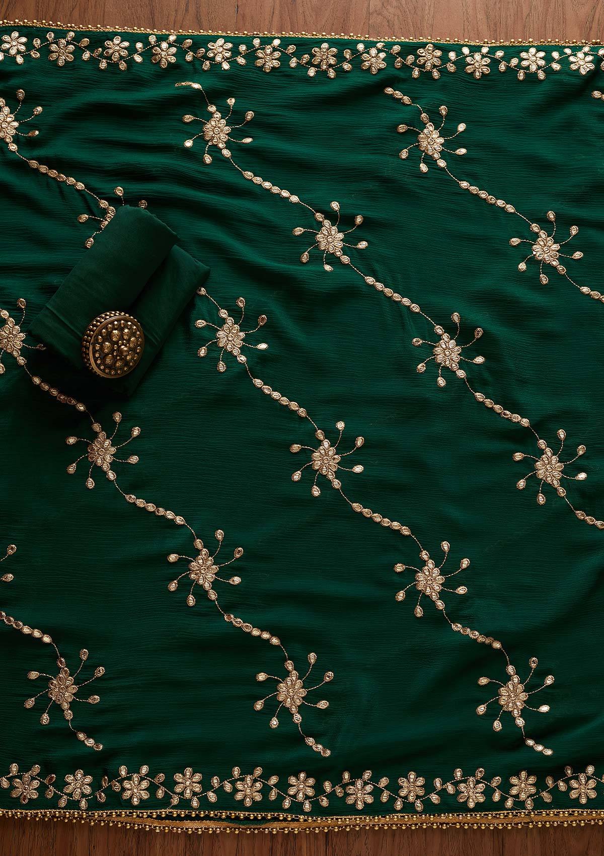 Bottle Green Gotapatti Georgette Designer Unstitched Salwar Suit - Koskii