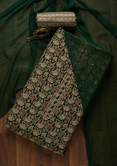 Bottle Green Print Cotton Unstitched Salwar Suit - Koskii