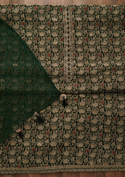 Bottle Green Print Cotton Unstitched Salwar Suit-Koskii