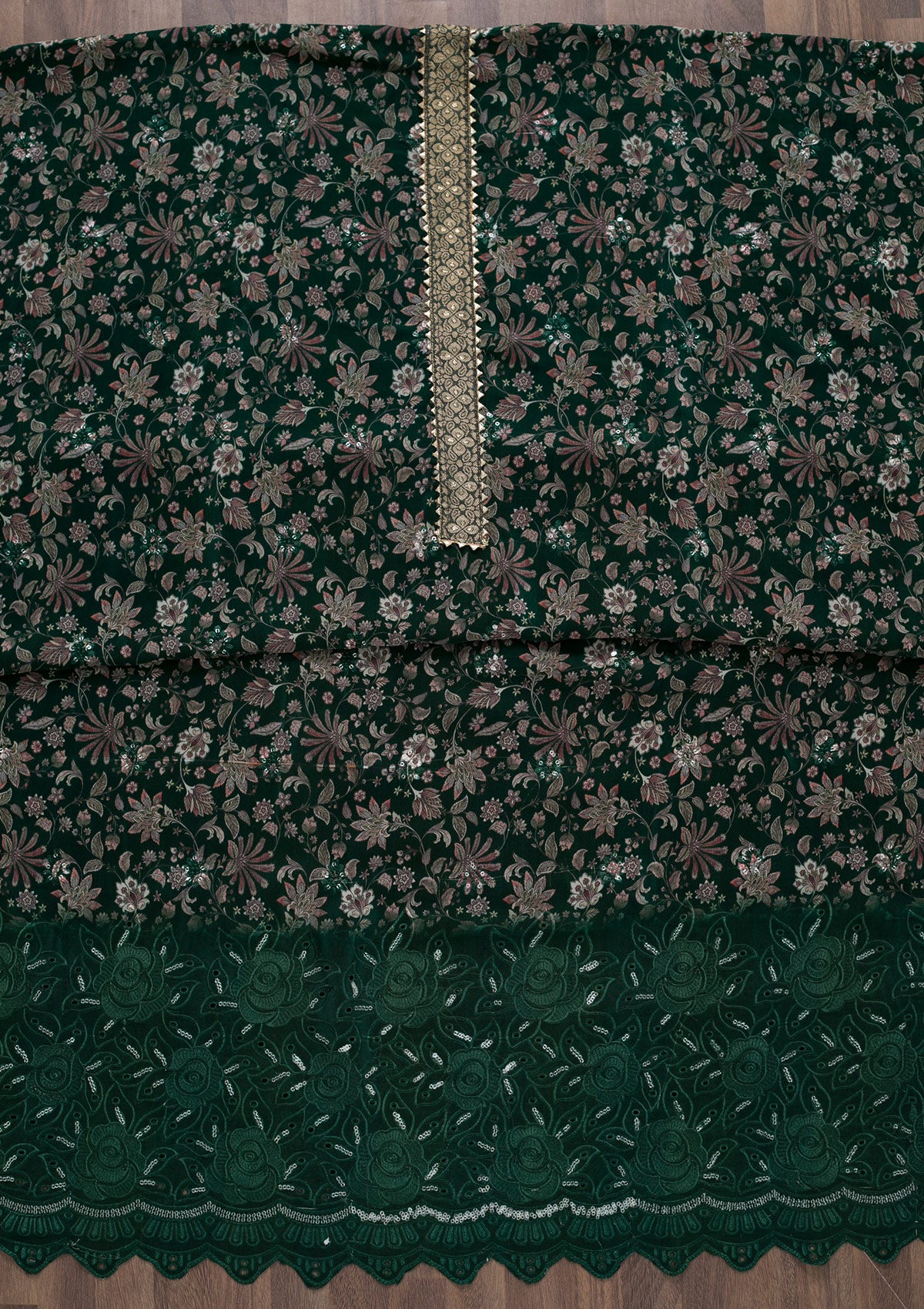 Bottle Green Printed Semi Crepe Unstitched Salwar Suit-Koskii
