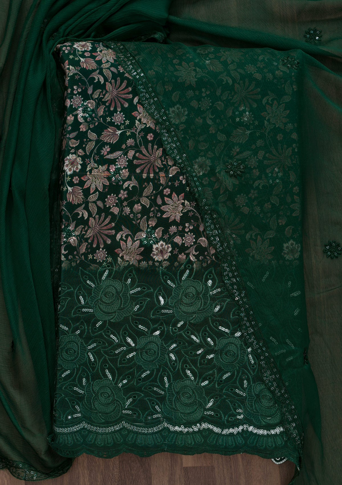 Bottle Green Printed Semi Crepe Unstitched Salwar Suit-Koskii