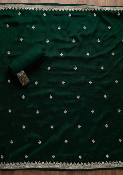 Bottle Green Silver Zariwork Raw Silk Unstitched Salwar Suit-Koskii