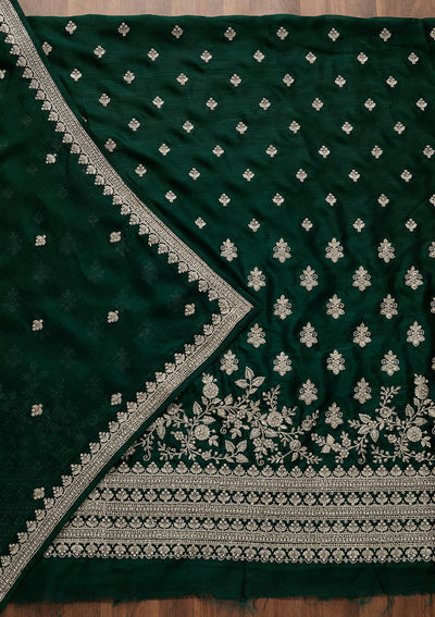Bottle Green Silver Zariwork Raw Silk Unstitched Salwar Suit-Koskii