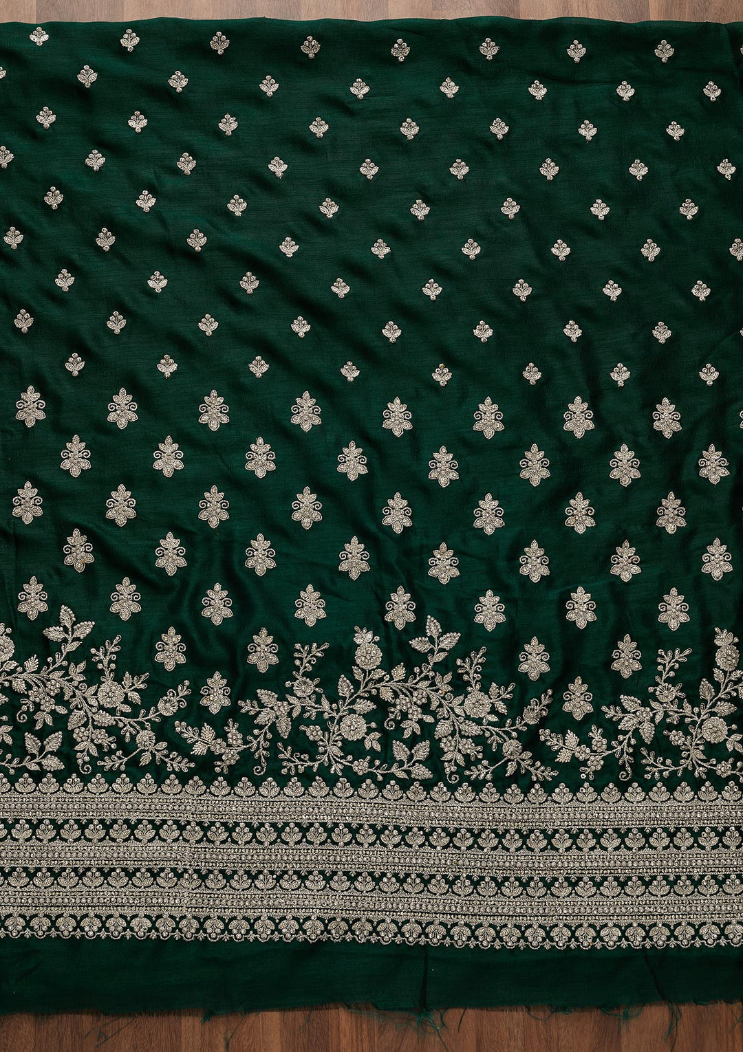 Bottle Green Silver Zariwork Raw Silk Unstitched Salwar Suit-Koskii