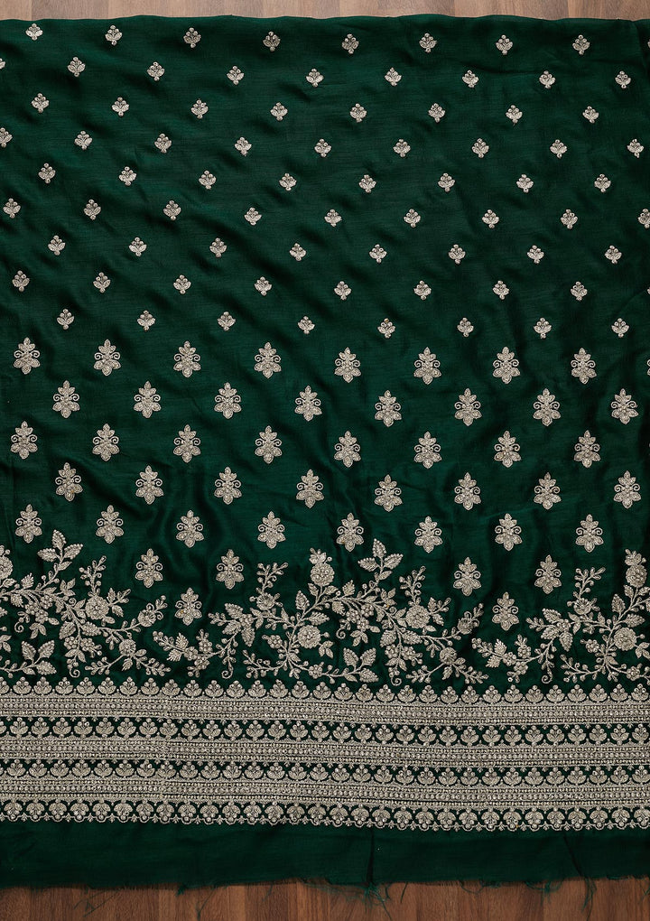 Bottle Green Silver Zariwork Raw Silk Unstitched Salwar Suit-Koskii