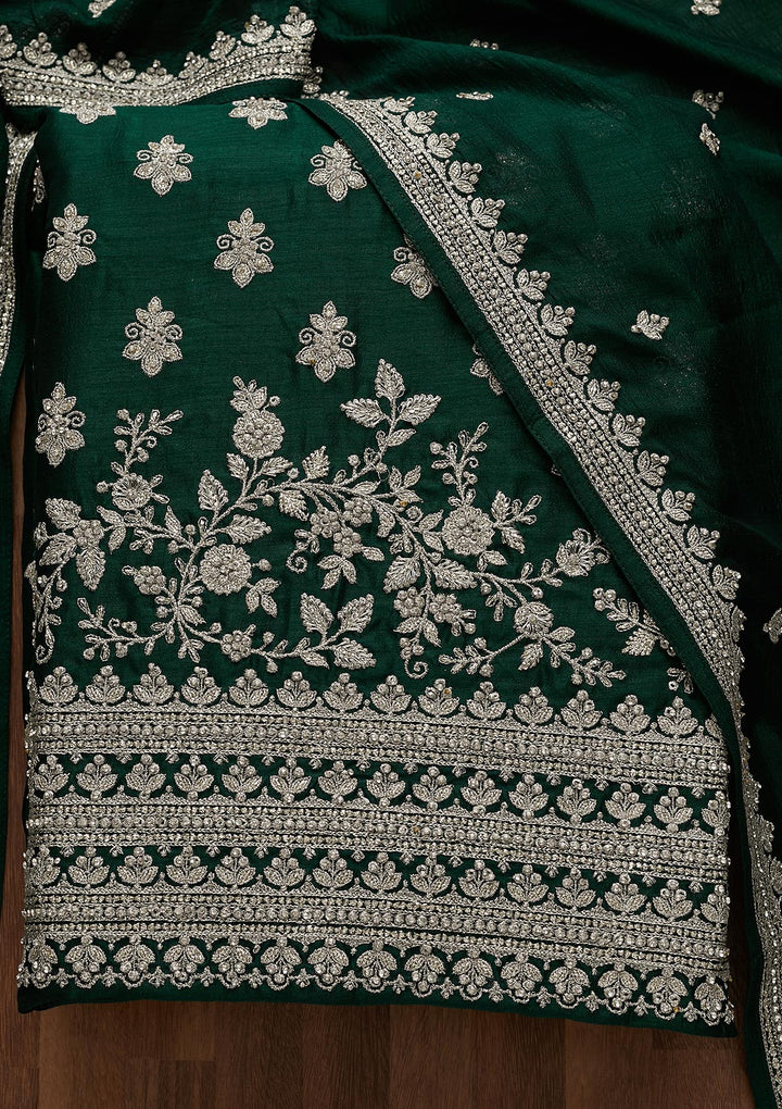 Bottle Green Silver Zariwork Raw Silk Unstitched Salwar Suit-Koskii