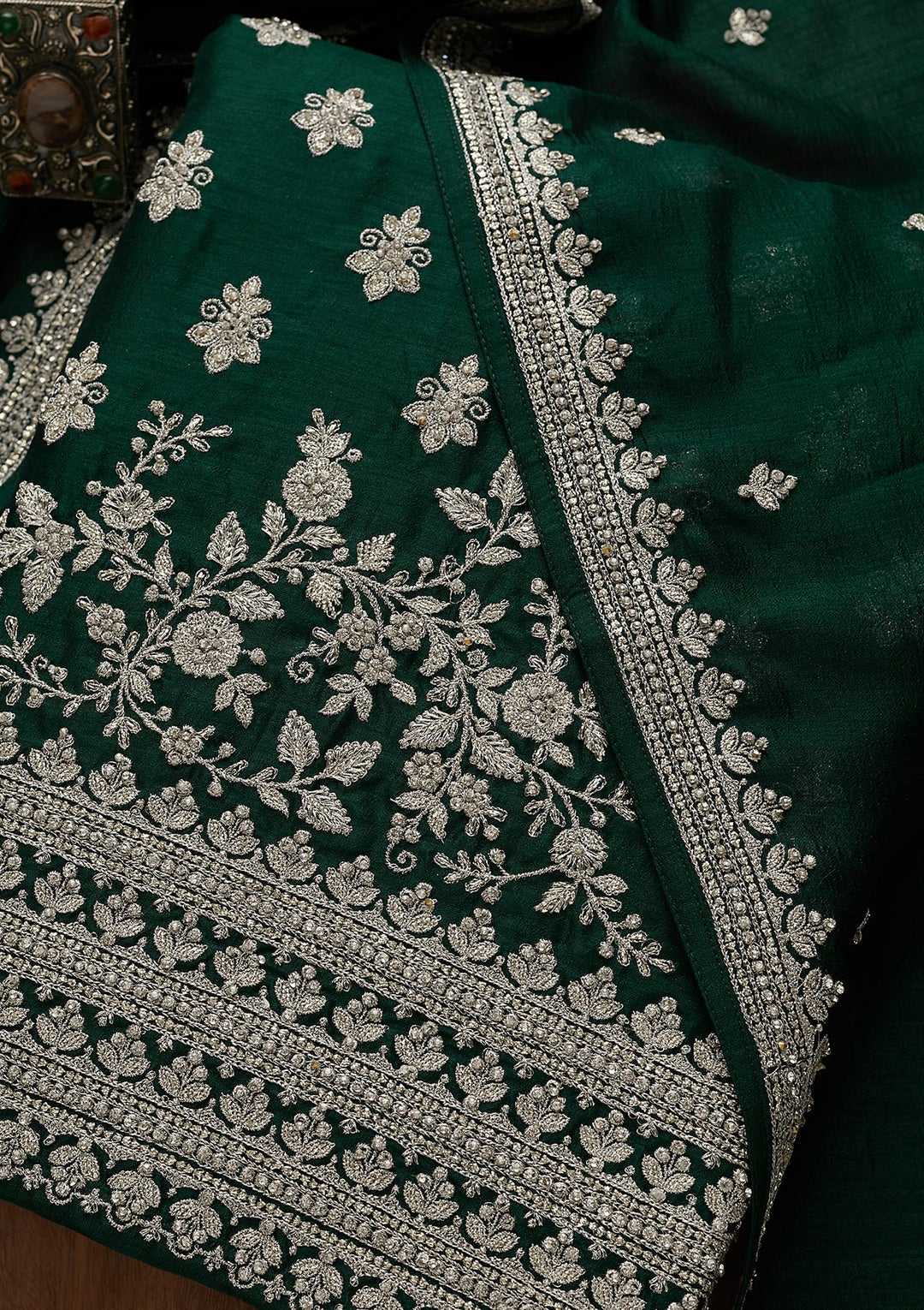 Bottle Green Silver Zariwork Raw Silk Unstitched Salwar Suit-Koskii