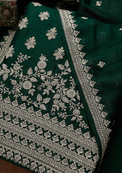 Bottle Green Silver Zariwork Raw Silk Unstitched Salwar Suit-Koskii