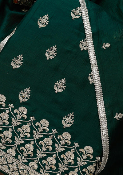 Bottle Green Silver Zariwork Raw Silk Unstitched Salwar Suit-Koskii