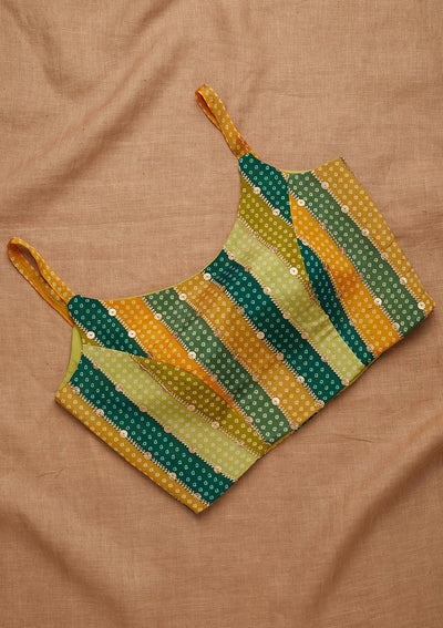 Bottle Green and Mustard Sequins Semi Crepe Blouse-Koskii