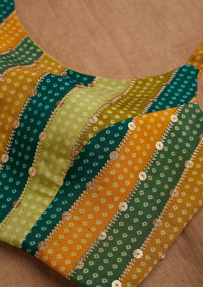 Bottle Green and Mustard Sequins Semi Crepe Blouse-Koskii