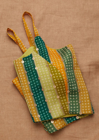 Bottle Green and Mustard Sequins Semi Crepe Blouse-Koskii