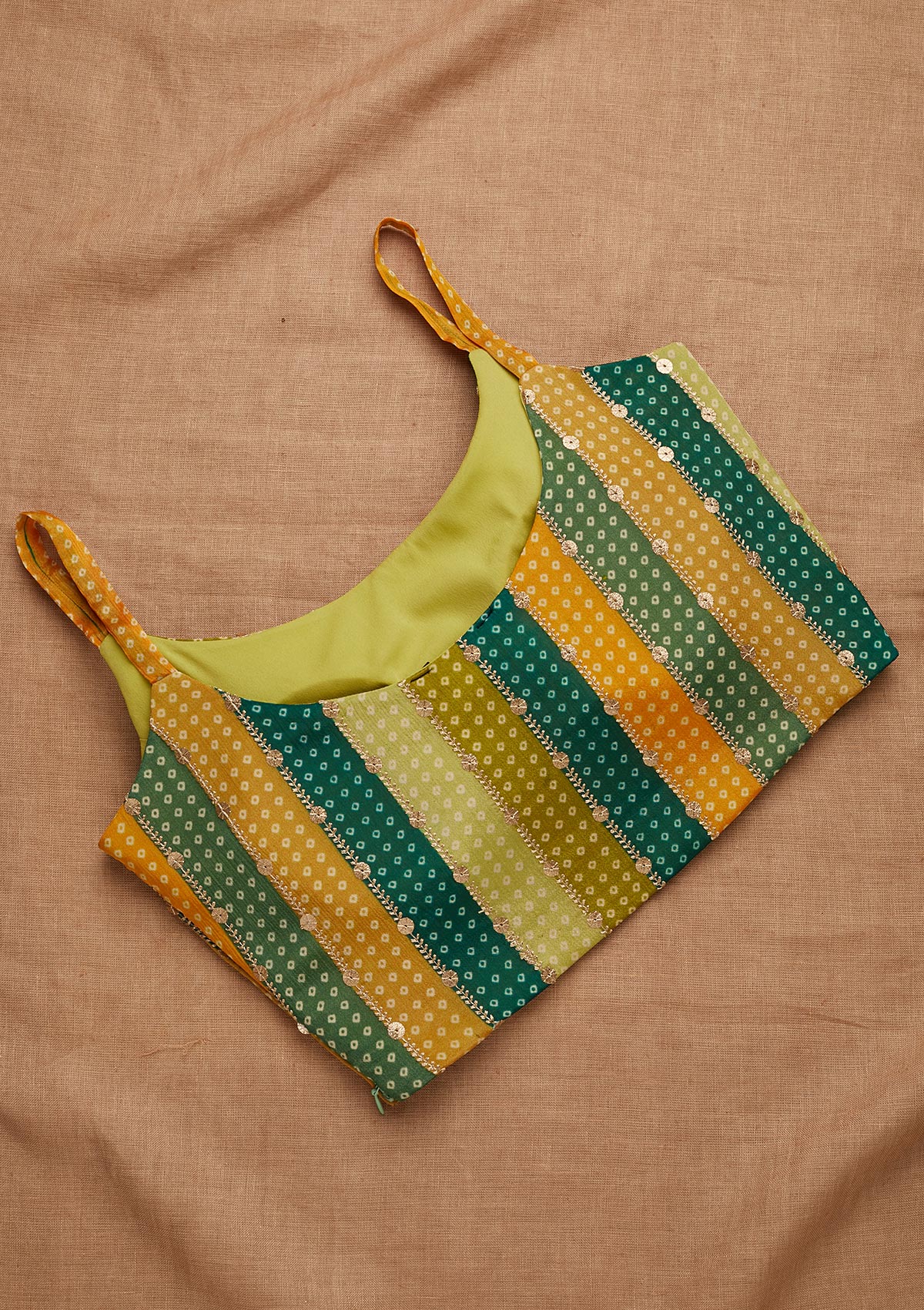 Bottle Green and Mustard Sequins Semi Crepe Blouse-Koskii