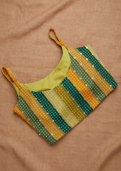 Bottle Green and Mustard Sequins Semi Crepe Blouse-Koskii