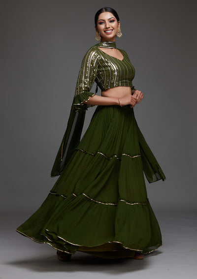 Bottle Green Sequins Georgette Designer Lehenga- Koskii