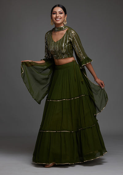 Bottle Green Sequins Georgette Designer Lehenga - Koskii