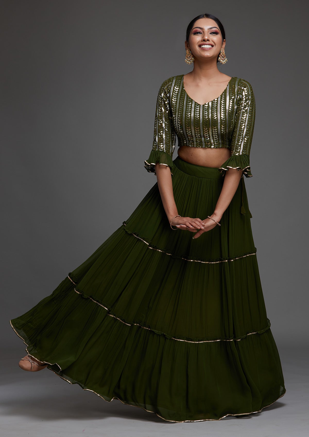 Bottle Green Sequins Georgette Designer Lehenga - Koskii