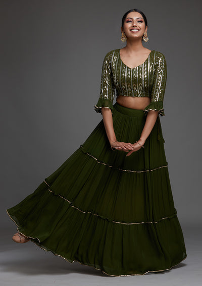 Bottle Green Sequins Georgette Designer Lehenga - Koskii