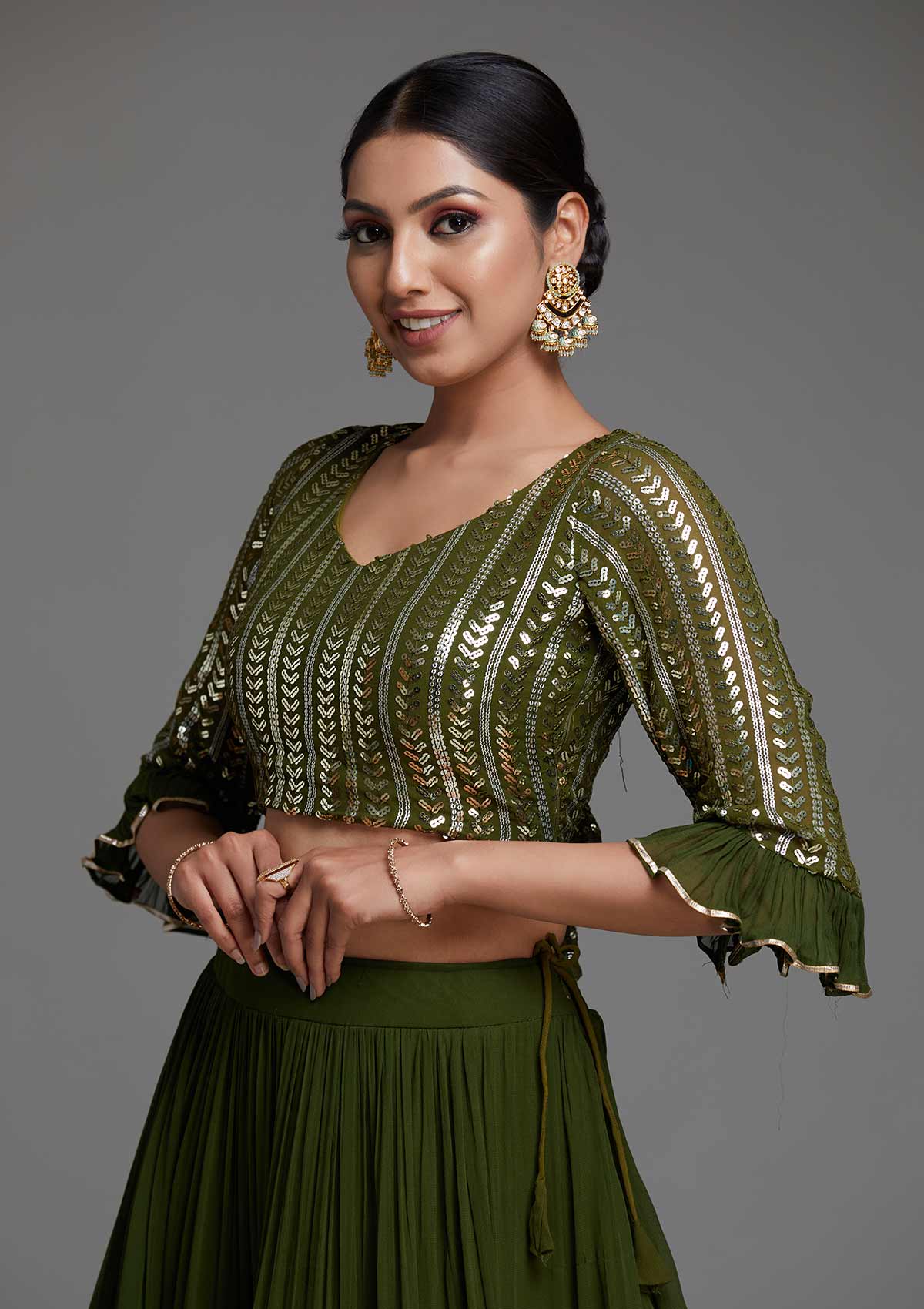 Bottle Green Sequins Georgette Designer Lehenga - Koskii