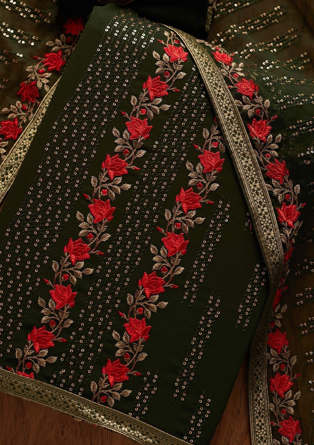 Bottle Green Sequins Georgette Designer Unstitched Salwar Suit - koskii