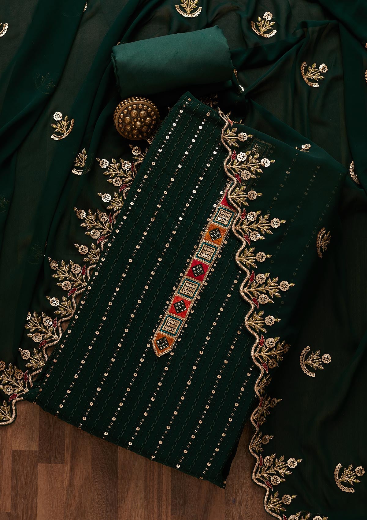 Bottle Green Sequins Georgette Designer Unstitched Salwar Suit - Koskii