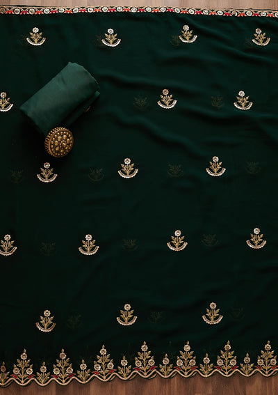 Bottle Green Sequins Georgette Designer Unstitched Salwar Suit - Koskii