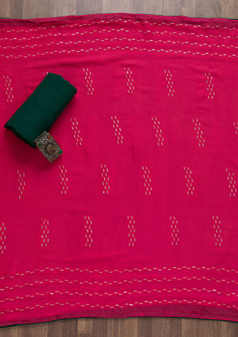 Bottle Green Sequins Georgette Semi-Stitched Salwar Suit-Koskii