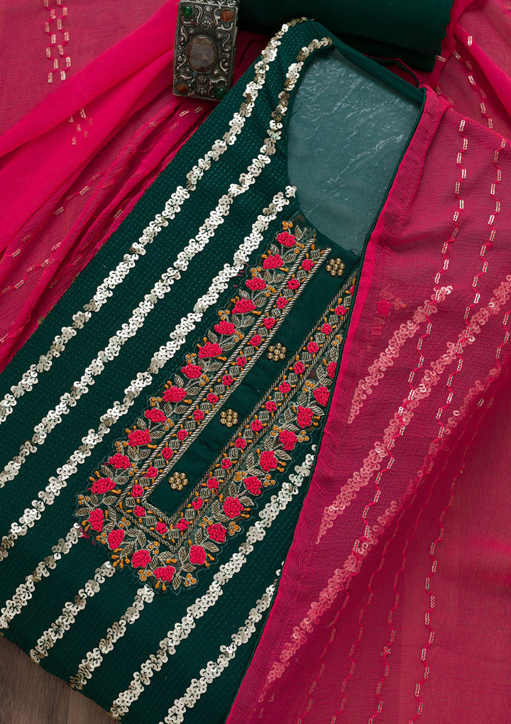 Bottle Green Sequins Georgette Semi-Stitched Salwar Suit-Koskii