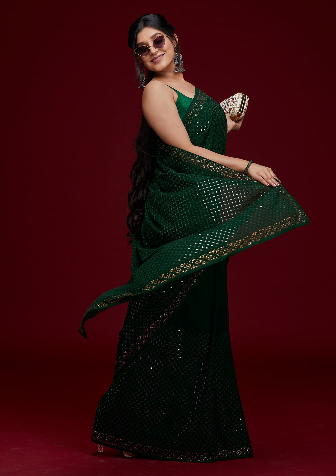 Bottle Green Sequins Georgette Saree- Koskii