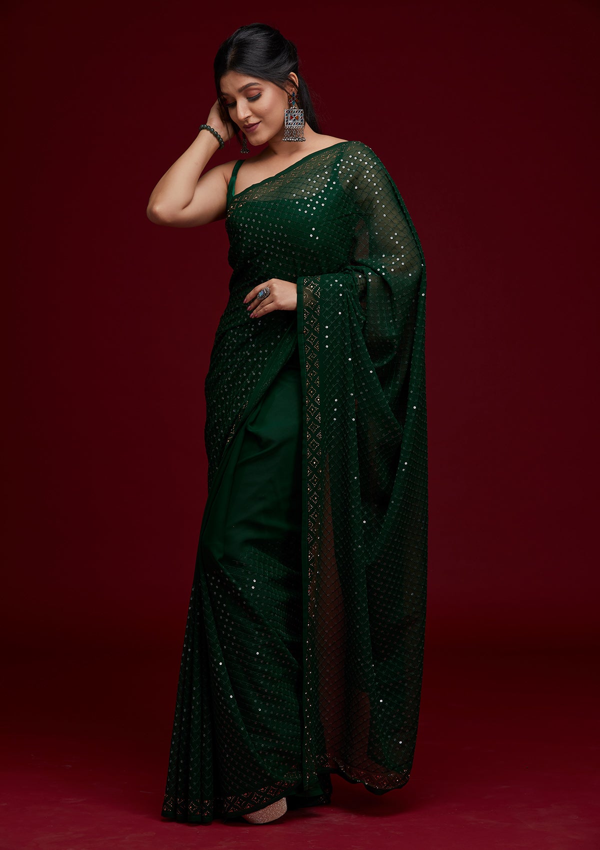 Bottle Green Sequins Georgette Saree - Koskii