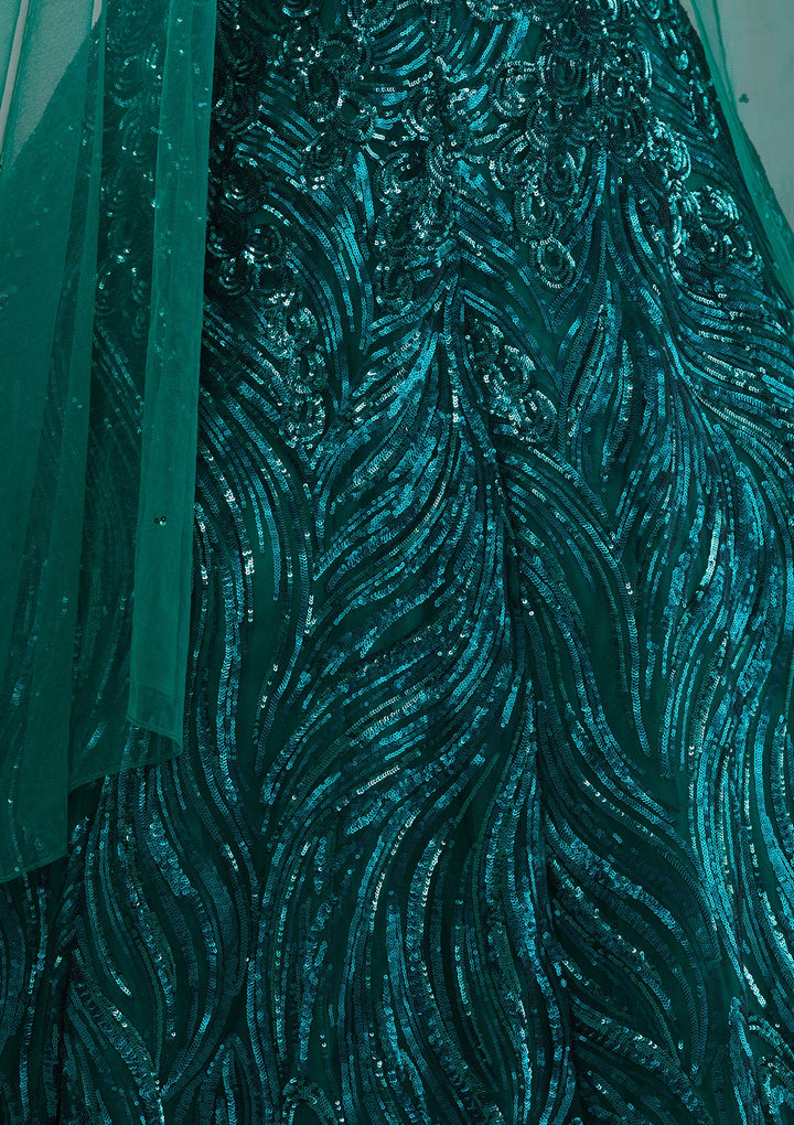 Bottle Green Sequins Net Designer Gown-Koskii