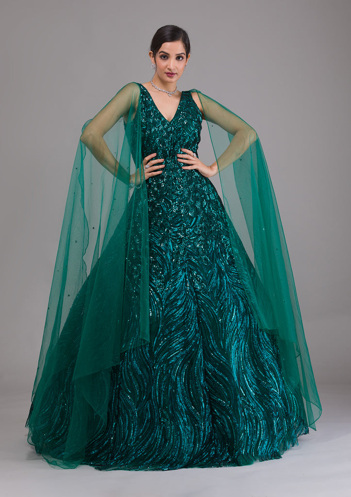 Bottle Green Shimmer gown adorned with Waist tail belt|Gowns-Diademstore.com