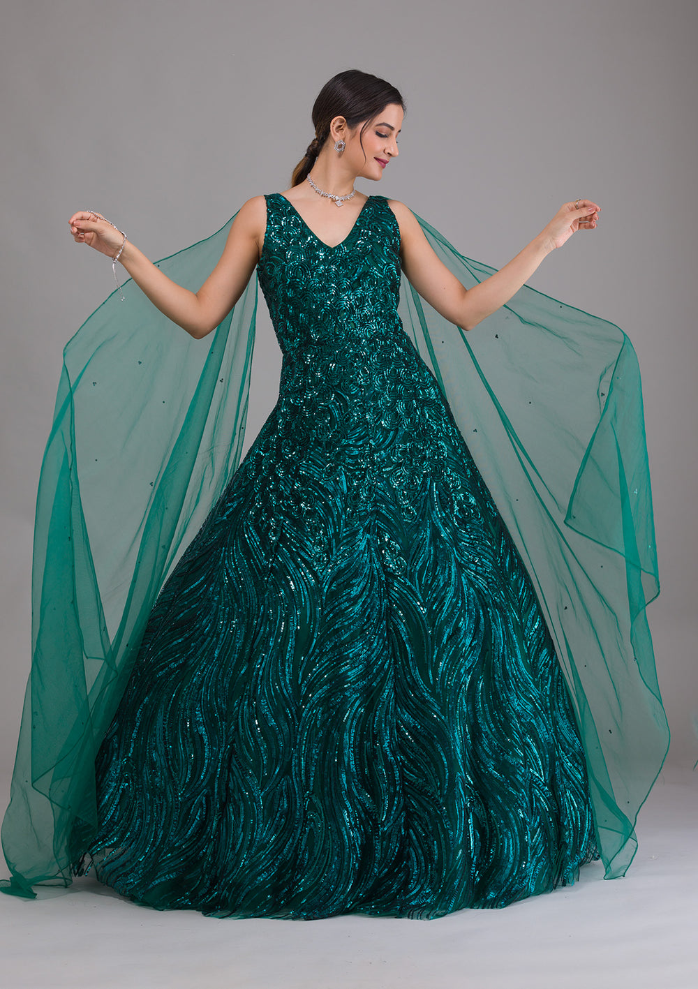 Bottle Green Sequins Net Designer Gown-Koskii